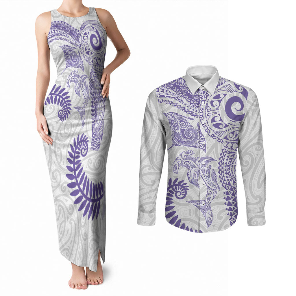 Aotearoa Maori Sea Animals Tribal Couples Matching Tank Maxi Dress and Long Sleeve Button Shirt Manta Ray and Shark Moko Pattern Purple Color LT03 Purple - Polynesian Pride