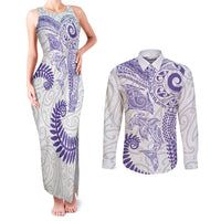 Aotearoa Maori Sea Animals Tribal Couples Matching Tank Maxi Dress and Long Sleeve Button Shirt Manta Ray and Shark Moko Pattern Purple Color