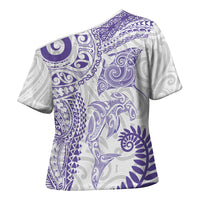 Aotearoa Maori Sea Animals Tribal Cross Shoulder Shirt Manta Ray and Shark Moko Pattern Purple Color