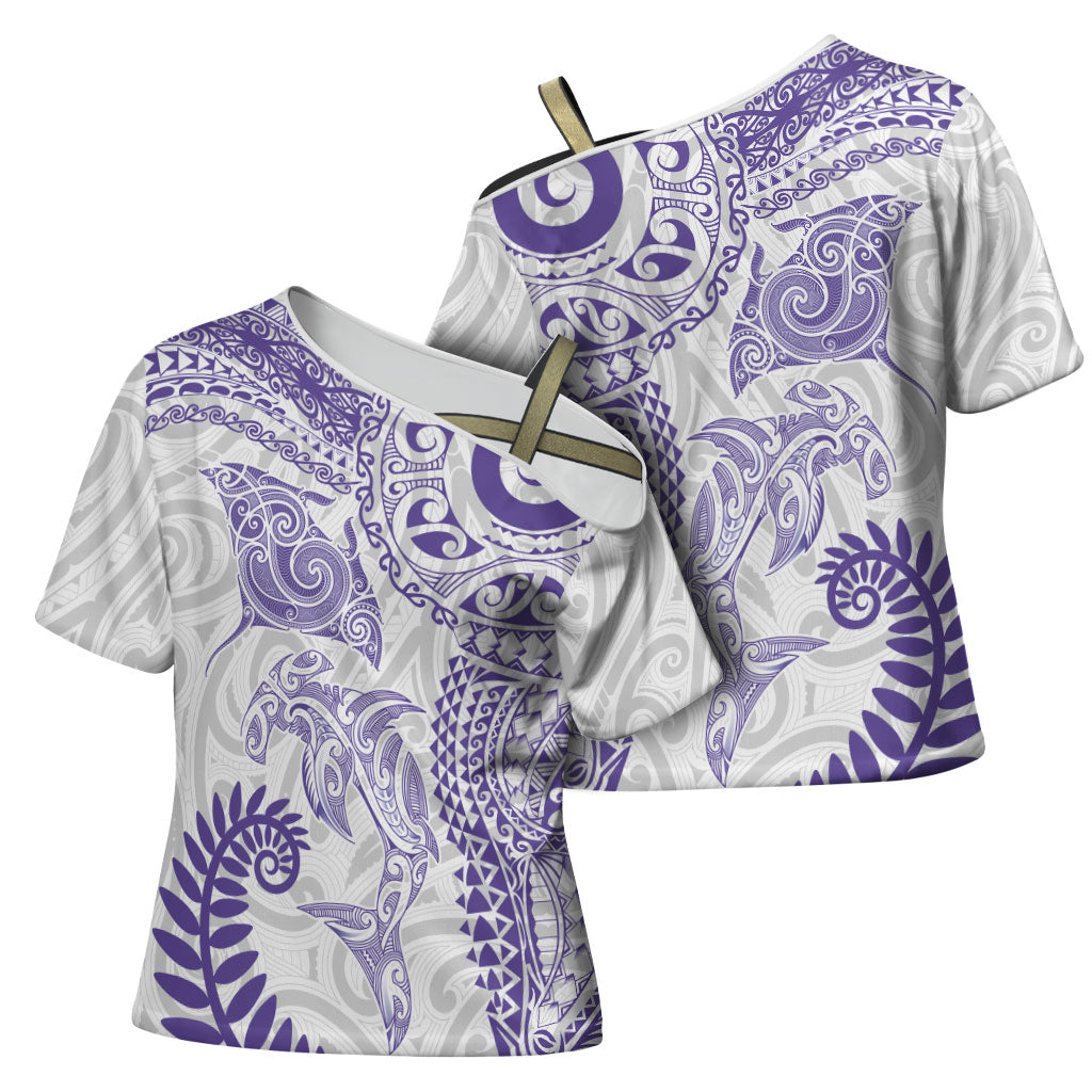 Aotearoa Maori Sea Animals Tribal Cross Shoulder Shirt Manta Ray and Shark Moko Pattern Purple Color