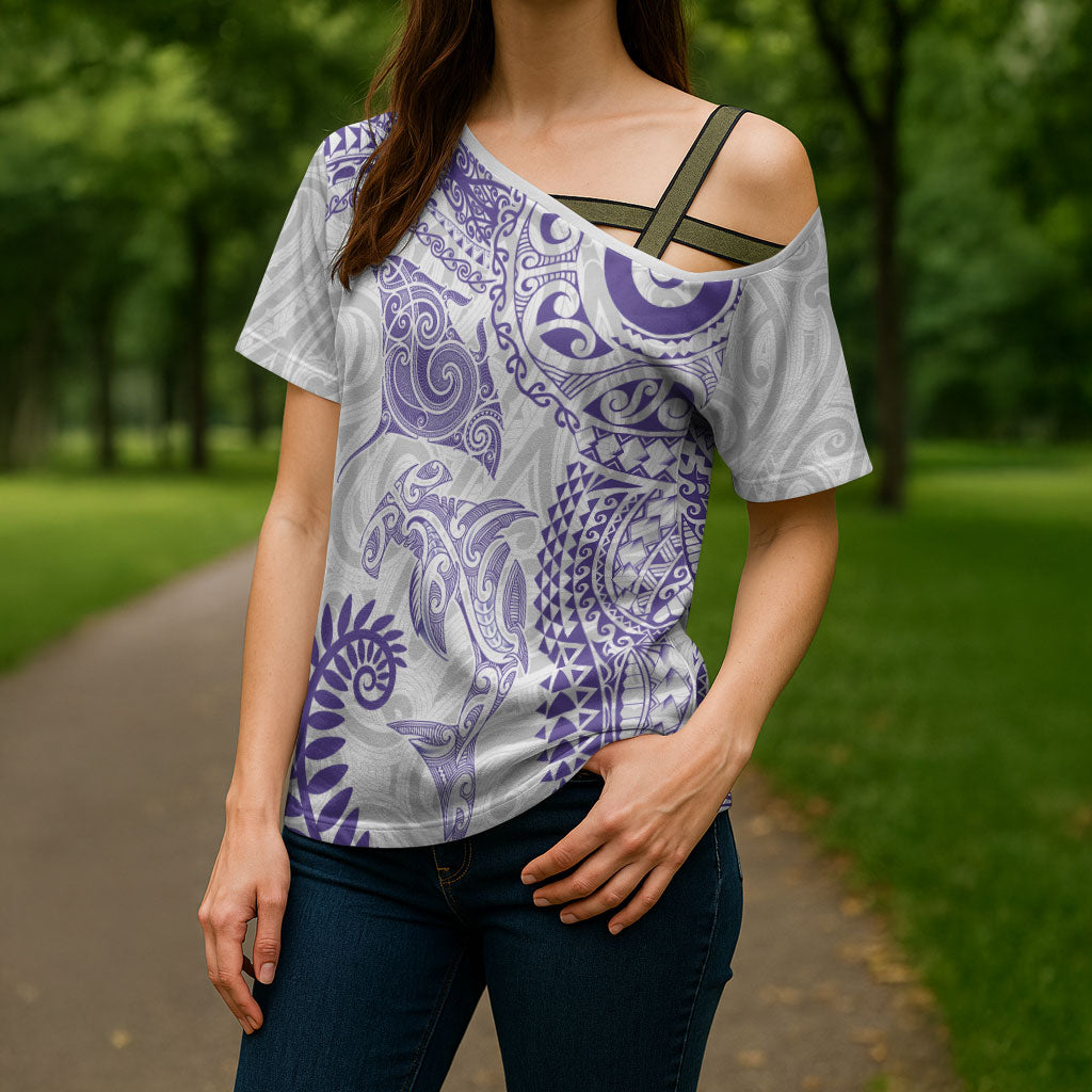 Aotearoa Maori Sea Animals Tribal Cross Shoulder Shirt Manta Ray and Shark Moko Pattern Purple Color