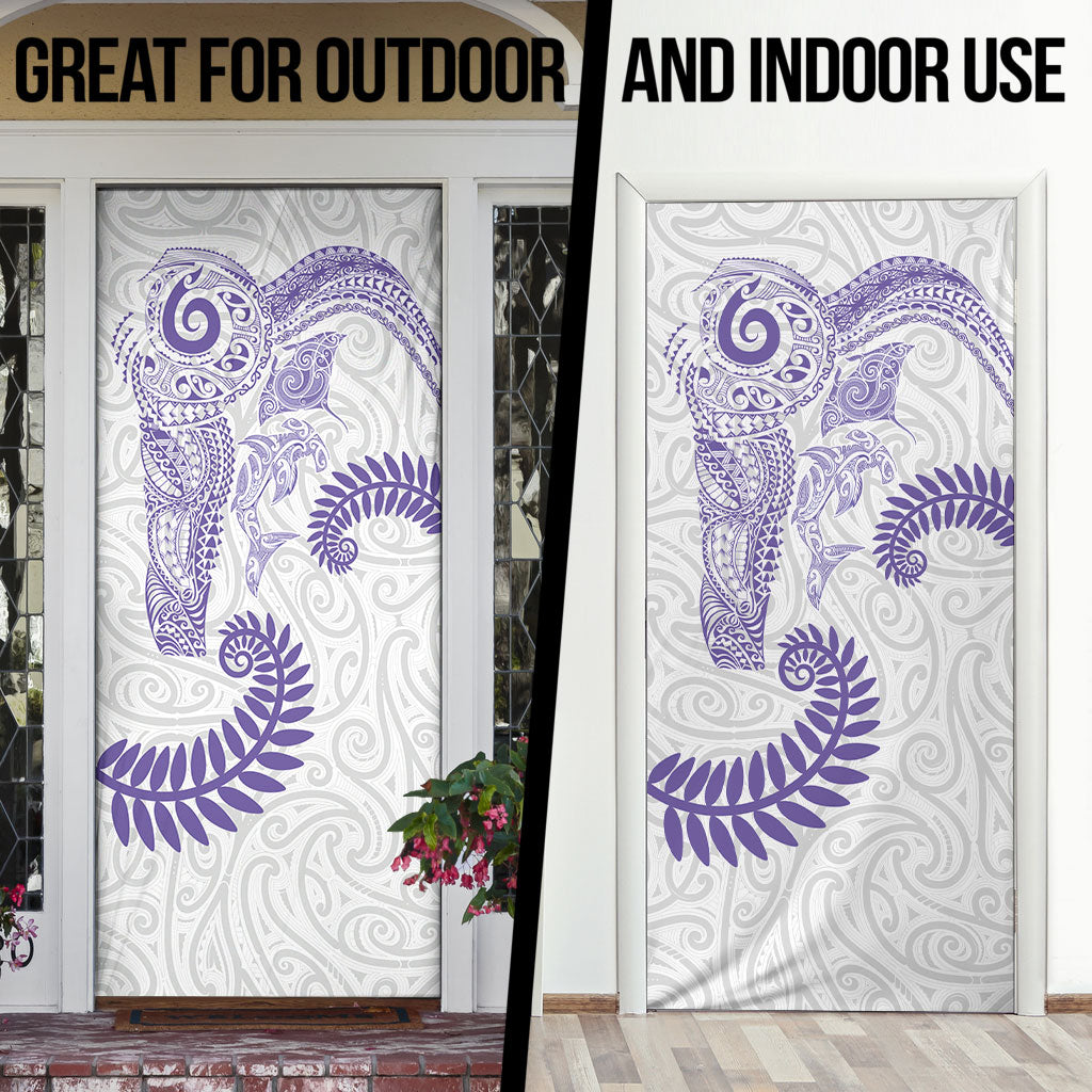 Aotearoa Maori Sea Animals Tribal Door Cover Manta Ray and Shark Moko Pattern Purple Color