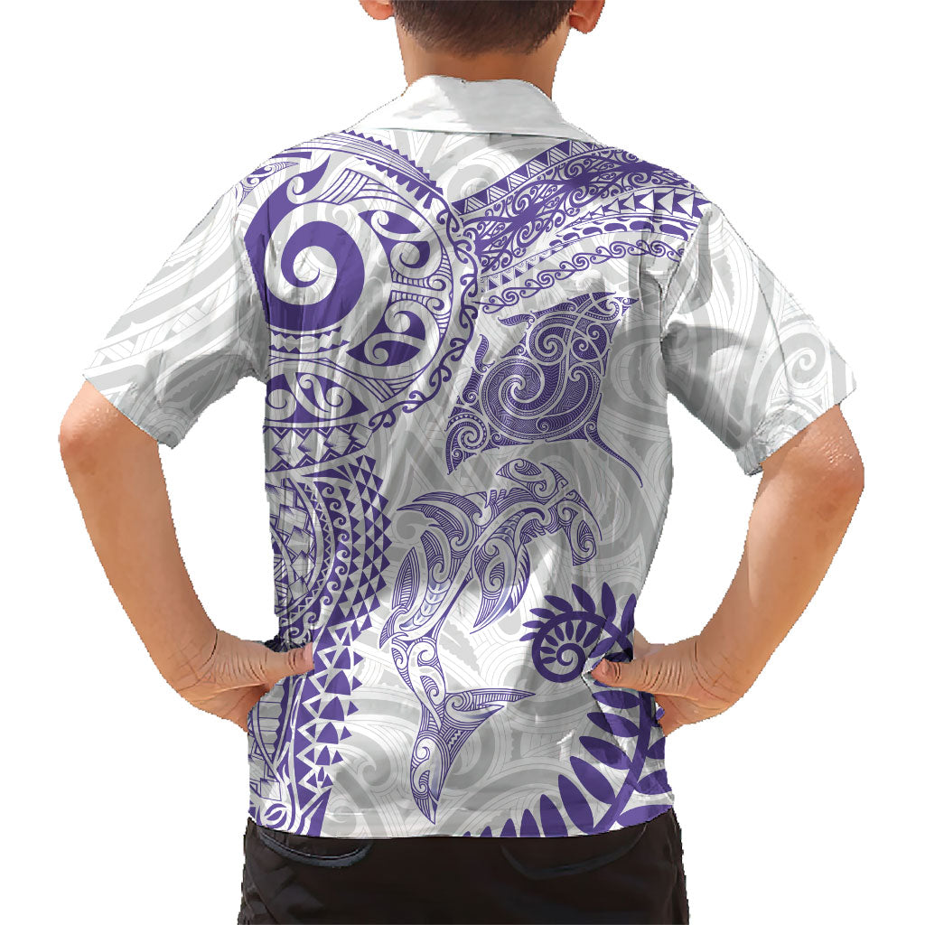 Aotearoa Maori Sea Animals Tribal Family Matching Long Sleeve Bodycon Dress and Hawaiian Shirt Manta Ray and Shark Moko Pattern Purple Color
