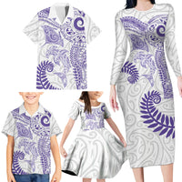 Aotearoa Maori Sea Animals Tribal Family Matching Long Sleeve Bodycon Dress and Hawaiian Shirt Manta Ray and Shark Moko Pattern Purple Color