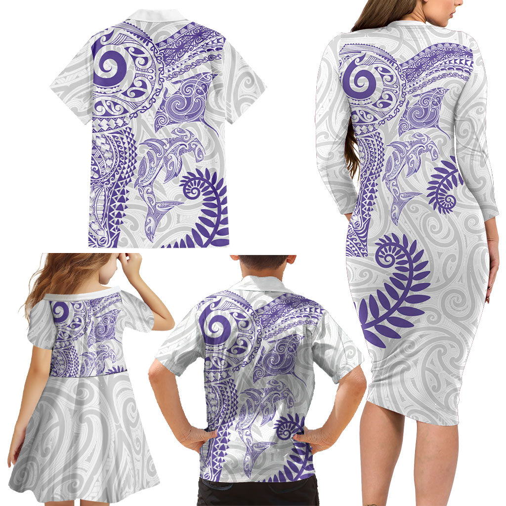 Aotearoa Maori Sea Animals Tribal Family Matching Long Sleeve Bodycon Dress and Hawaiian Shirt Manta Ray and Shark Moko Pattern Purple Color