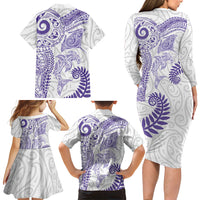 Aotearoa Maori Sea Animals Tribal Family Matching Long Sleeve Bodycon Dress and Hawaiian Shirt Manta Ray and Shark Moko Pattern Purple Color