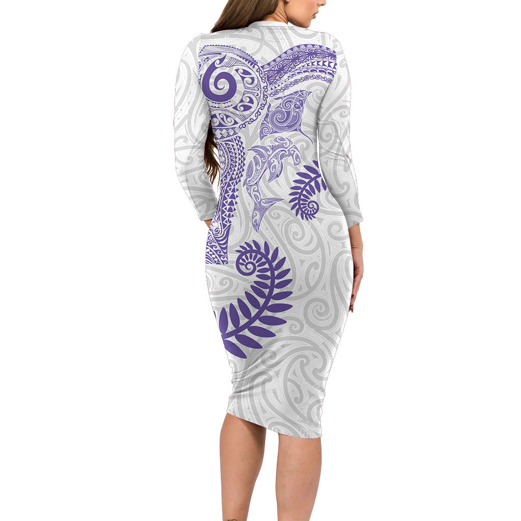 Aotearoa Maori Sea Animals Tribal Family Matching Long Sleeve Bodycon Dress and Hawaiian Shirt Manta Ray and Shark Moko Pattern Purple Color