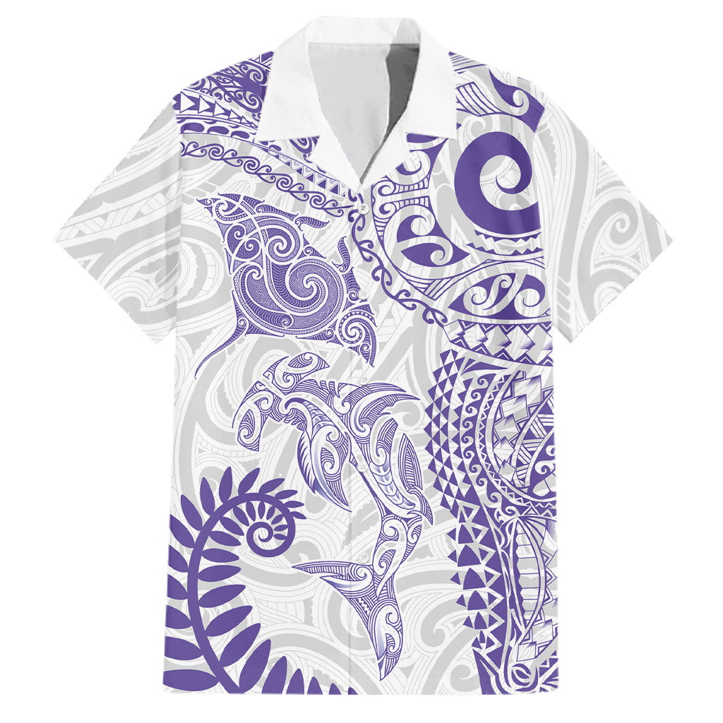 Aotearoa Maori Sea Animals Tribal Family Matching Mermaid Dress and Hawaiian Shirt Manta Ray and Shark Moko Pattern Purple Color