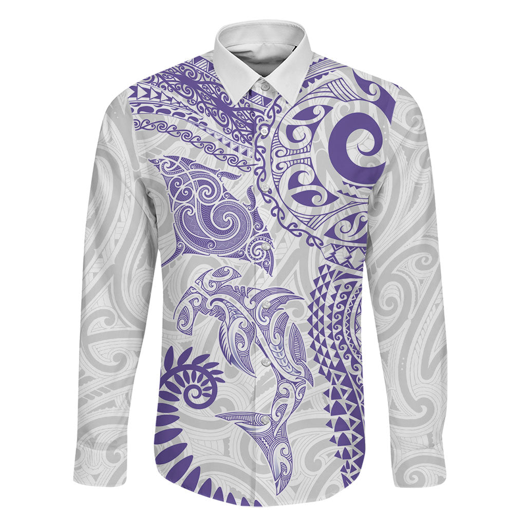 Aotearoa Maori Sea Animals Tribal Family Matching Off The Shoulder Long Sleeve Dress and Hawaiian Shirt Manta Ray and Shark Moko Pattern Purple Color