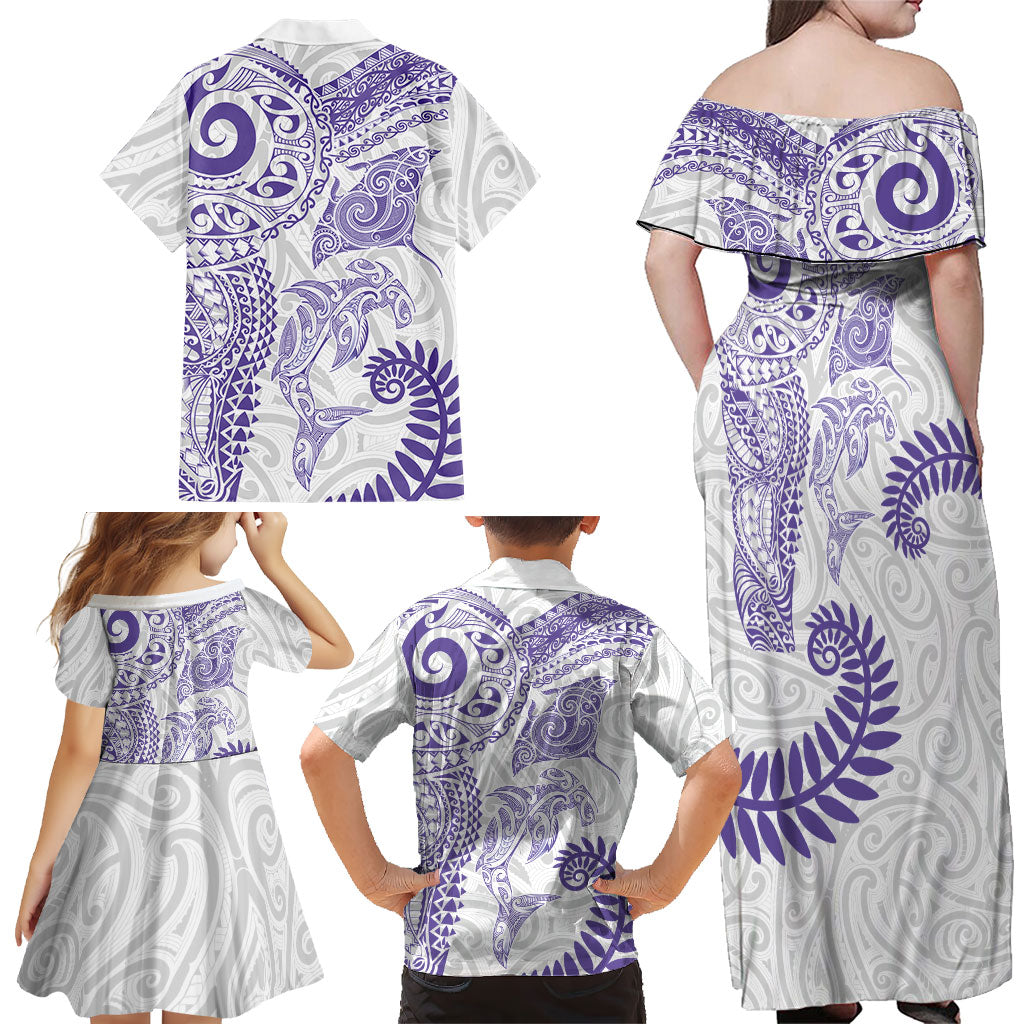 Aotearoa Maori Sea Animals Tribal Family Matching Off Shoulder Maxi Dress and Hawaiian Shirt Manta Ray and Shark Moko Pattern Purple Color