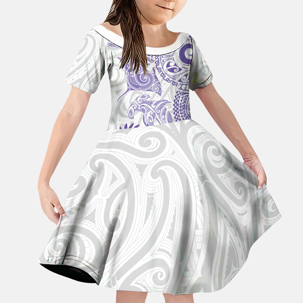 Aotearoa Maori Sea Animals Tribal Family Matching Off Shoulder Short Dress and Hawaiian Shirt Manta Ray and Shark Moko Pattern Purple Color
