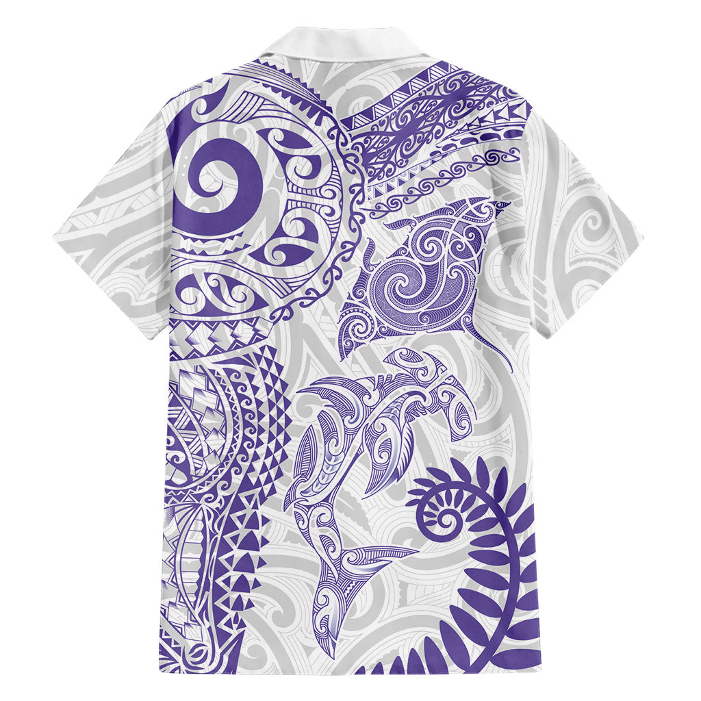 Aotearoa Maori Sea Animals Tribal Family Matching Off Shoulder Short Dress and Hawaiian Shirt Manta Ray and Shark Moko Pattern Purple Color