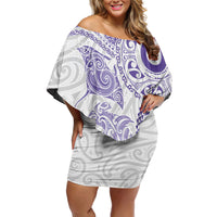 Aotearoa Maori Sea Animals Tribal Family Matching Off Shoulder Short Dress and Hawaiian Shirt Manta Ray and Shark Moko Pattern Purple Color