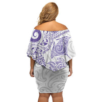 Aotearoa Maori Sea Animals Tribal Family Matching Off Shoulder Short Dress and Hawaiian Shirt Manta Ray and Shark Moko Pattern Purple Color