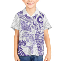 Aotearoa Maori Sea Animals Tribal Family Matching Off Shoulder Short Dress and Hawaiian Shirt Manta Ray and Shark Moko Pattern Purple Color