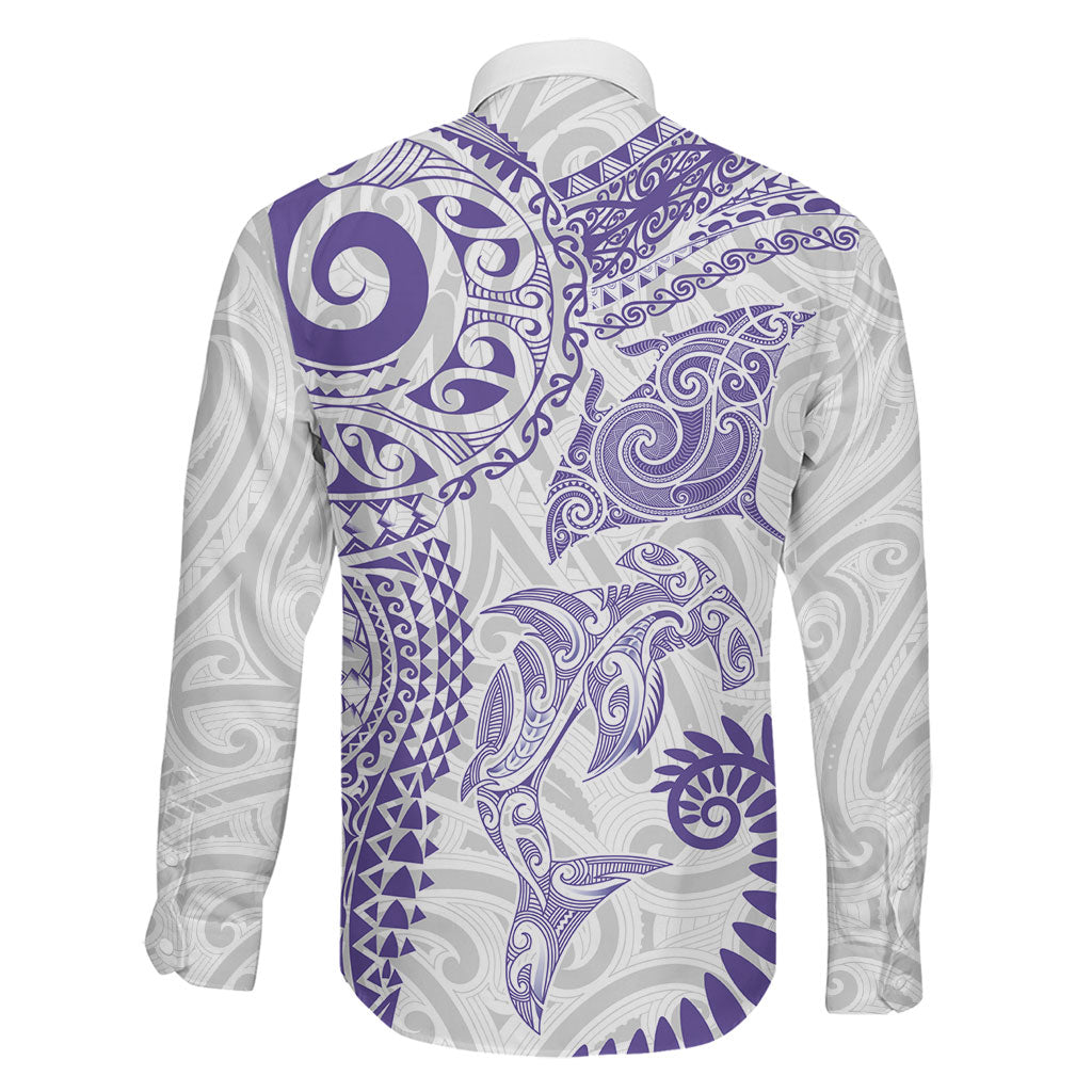 Aotearoa Maori Sea Animals Tribal Family Matching Puletasi and Hawaiian Shirt Manta Ray and Shark Moko Pattern Purple Color