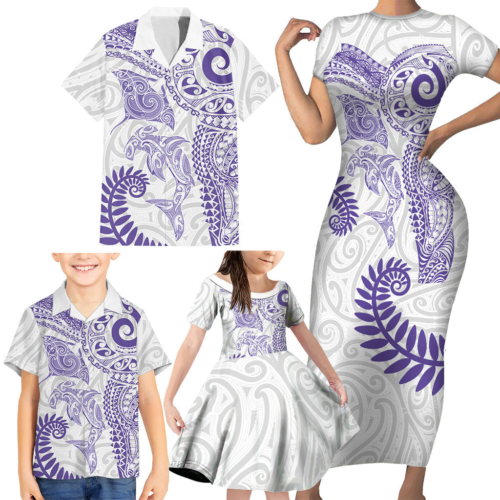 Aotearoa Maori Sea Animals Tribal Family Matching Short Sleeve Bodycon Dress and Hawaiian Shirt Manta Ray and Shark Moko Pattern Purple Color