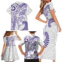 Aotearoa Maori Sea Animals Tribal Family Matching Short Sleeve Bodycon Dress and Hawaiian Shirt Manta Ray and Shark Moko Pattern Purple Color