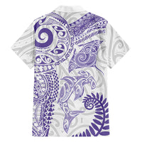 Aotearoa Maori Sea Animals Tribal Family Matching Short Sleeve Bodycon Dress and Hawaiian Shirt Manta Ray and Shark Moko Pattern Purple Color