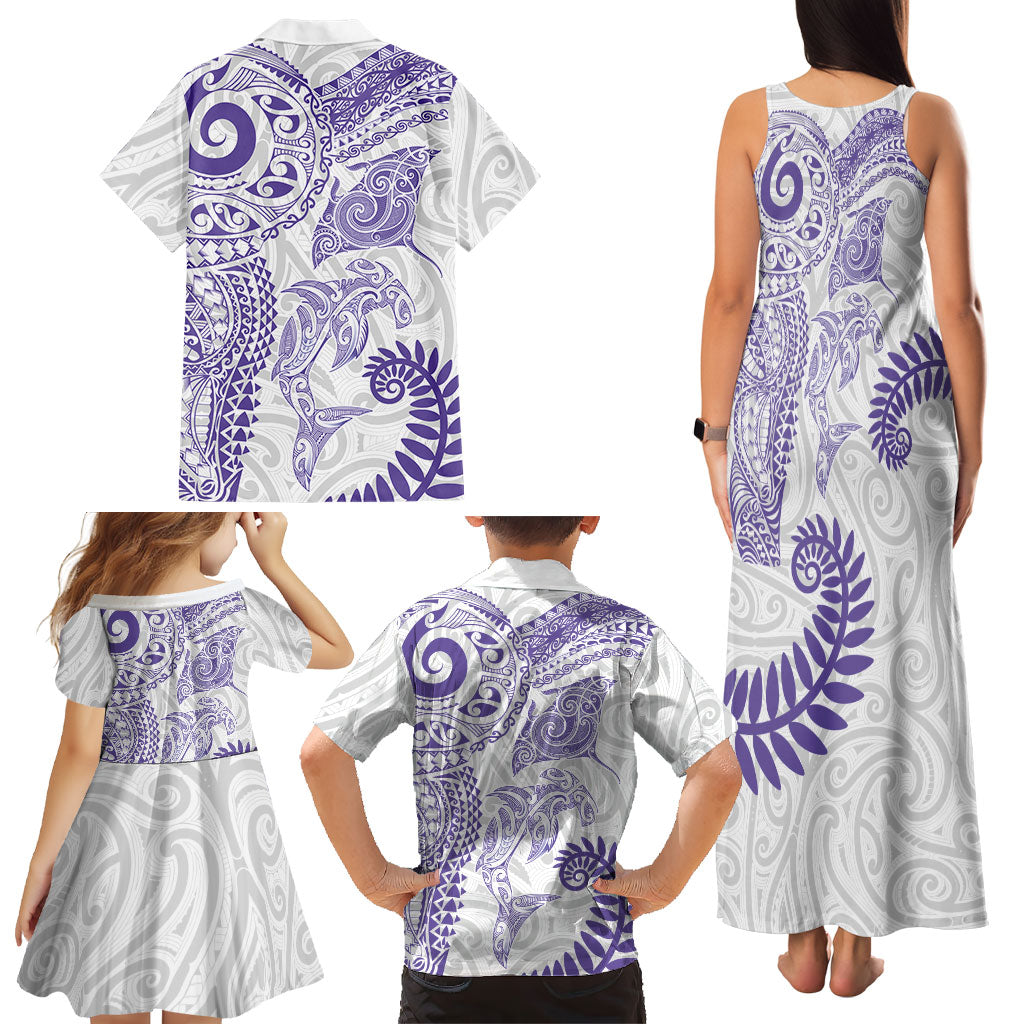 Aotearoa Maori Sea Animals Tribal Family Matching Tank Maxi Dress and Hawaiian Shirt Manta Ray and Shark Moko Pattern Purple Color