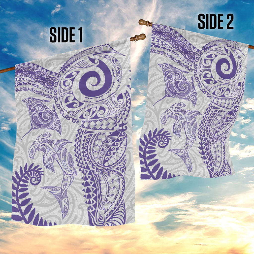 Aotearoa Maori Sea Animals Tribal Garden Flag Manta Ray and Shark Moko Pattern Purple Color