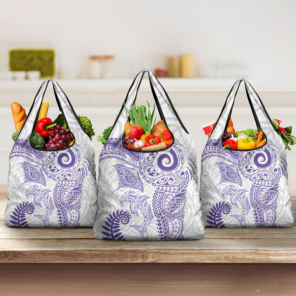 Aotearoa Maori Sea Animals Tribal Grocery Bag Manta Ray and Shark Moko Pattern Purple Color
