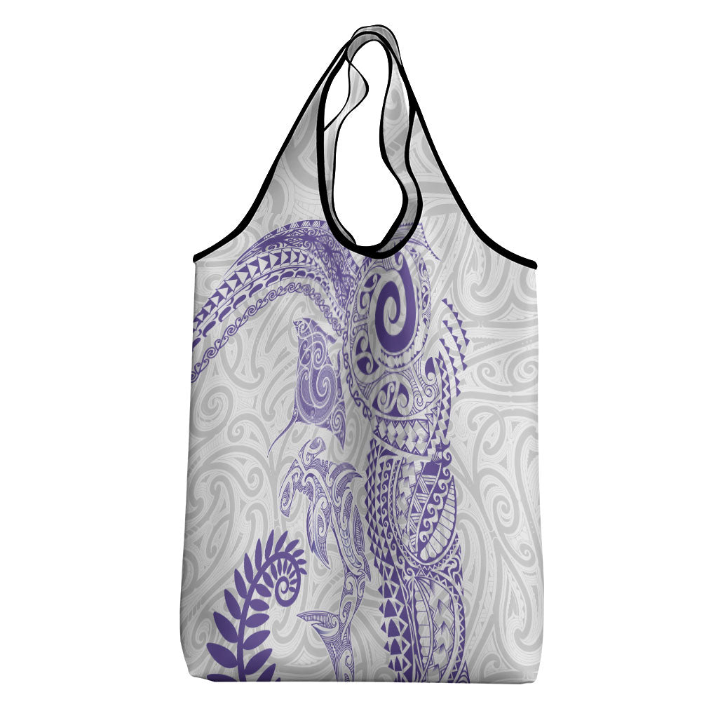 Aotearoa Maori Sea Animals Tribal Grocery Bag Manta Ray and Shark Moko Pattern Purple Color