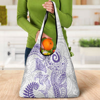 Aotearoa Maori Sea Animals Tribal Grocery Bag Manta Ray and Shark Moko Pattern Purple Color