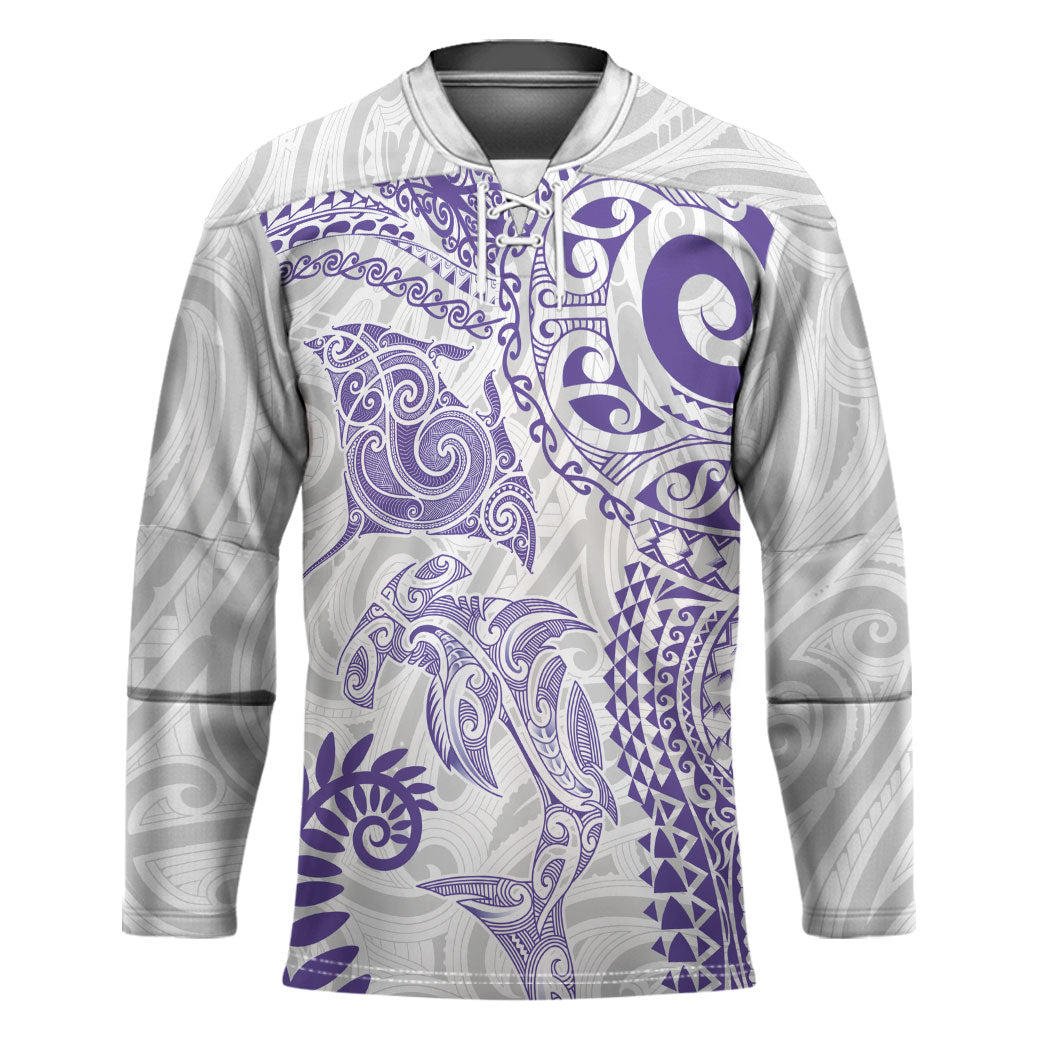 Aotearoa Maori Sea Animals Tribal Hockey Jersey Manta Ray and Shark Moko Pattern Purple Color
