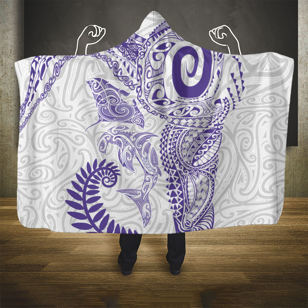 Aotearoa Maori Sea Animals Tribal Hooded Blanket Manta Ray and Shark Moko Pattern Purple Color
