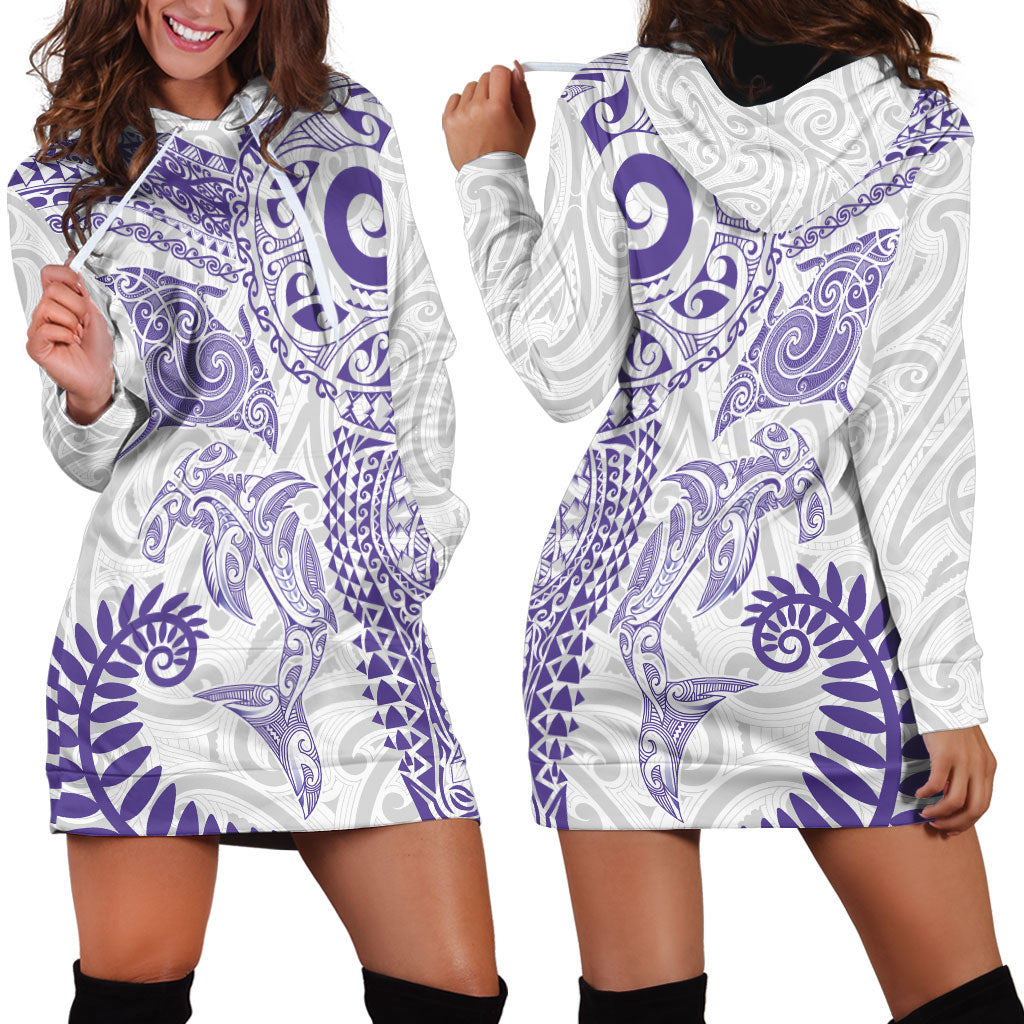 Aotearoa Maori Sea Animals Tribal Hoodie Dress Manta Ray and Shark Moko Pattern Purple Color