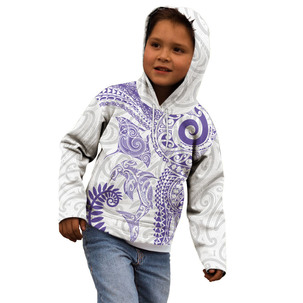 Aotearoa Maori Sea Animals Tribal Kid Hoodie Manta Ray and Shark Moko Pattern Purple Color
