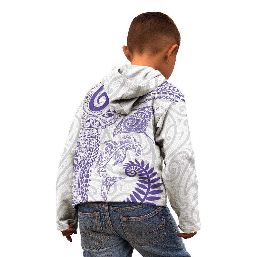 Aotearoa Maori Sea Animals Tribal Kid Hoodie Manta Ray and Shark Moko Pattern Purple Color