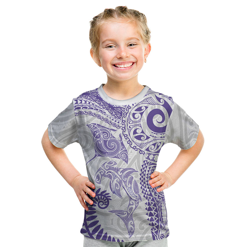 Aotearoa Maori Sea Animals Tribal Kid T Shirt Manta Ray and Shark Moko Pattern Purple Color