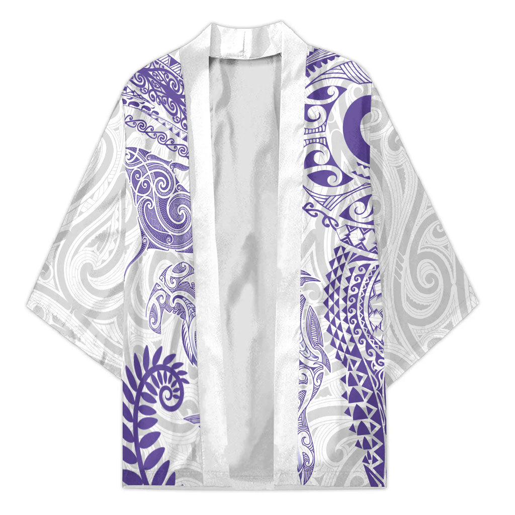 Aotearoa Maori Sea Animals Tribal Kimono Manta Ray and Shark Moko Pattern Purple Color