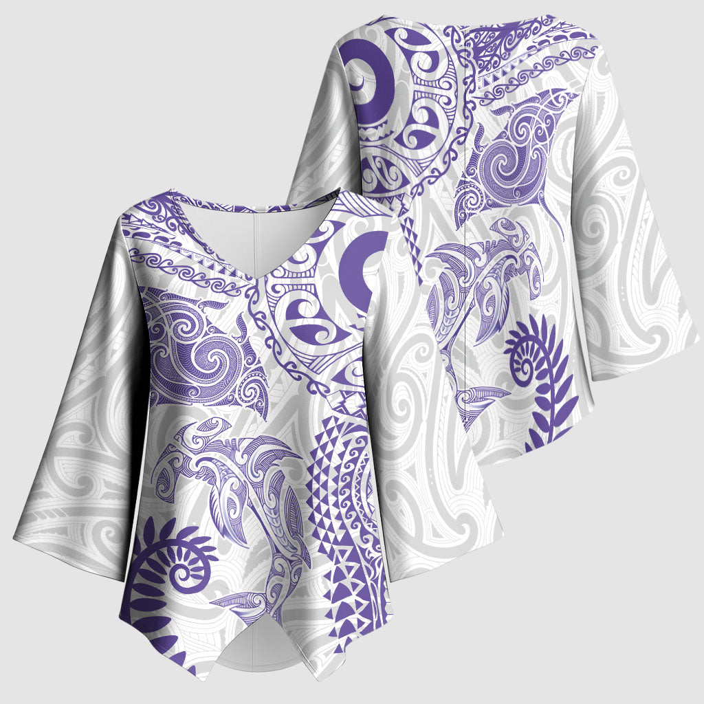 Aotearoa Maori Sea Animals Tribal Kimono Sleeve Blouse Manta Ray and Shark Moko Pattern Purple Color