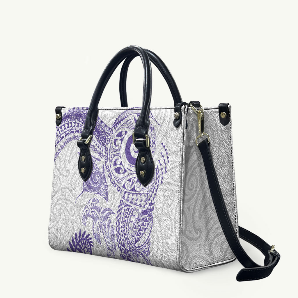 Aotearoa Maori Sea Animals Tribal Leather Bag Manta Ray and Shark Moko Pattern Purple Color