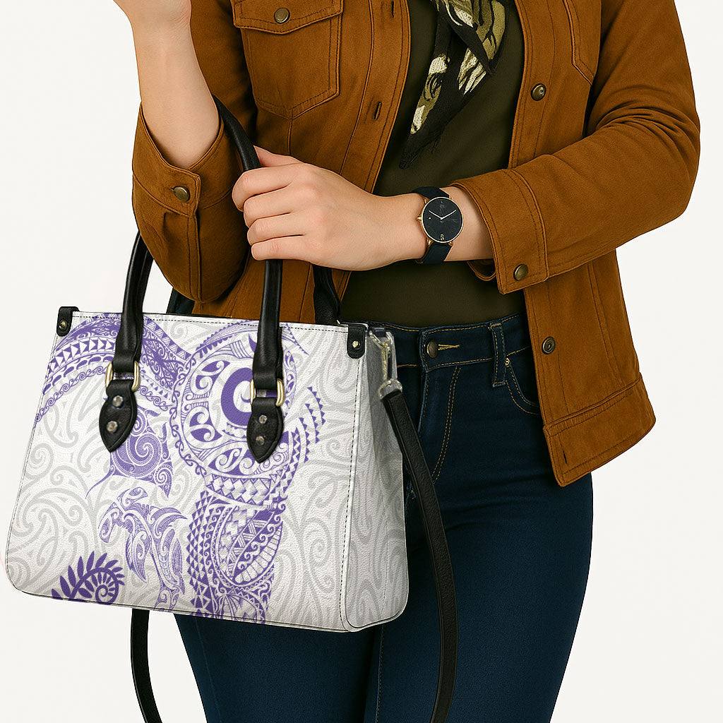 Aotearoa Maori Sea Animals Tribal Leather Bag Manta Ray and Shark Moko Pattern Purple Color