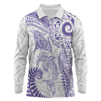 Aotearoa Maori Sea Animals Tribal Long Sleeve Polo Shirt Manta Ray and Shark Moko Pattern Purple Color
