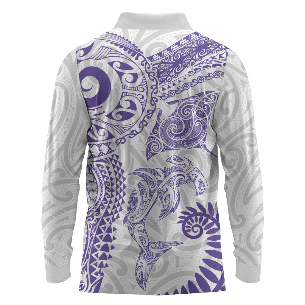 Aotearoa Maori Sea Animals Tribal Long Sleeve Polo Shirt Manta Ray and Shark Moko Pattern Purple Color
