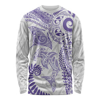 Aotearoa Maori Sea Animals Tribal Long Sleeve Shirt Manta Ray and Shark Moko Pattern Purple Color