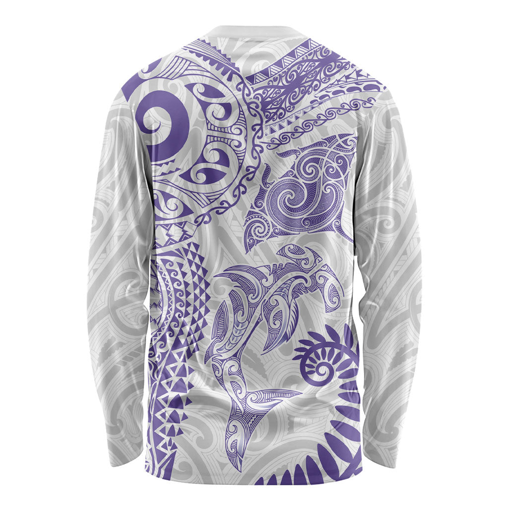 Aotearoa Maori Sea Animals Tribal Long Sleeve Shirt Manta Ray and Shark Moko Pattern Purple Color