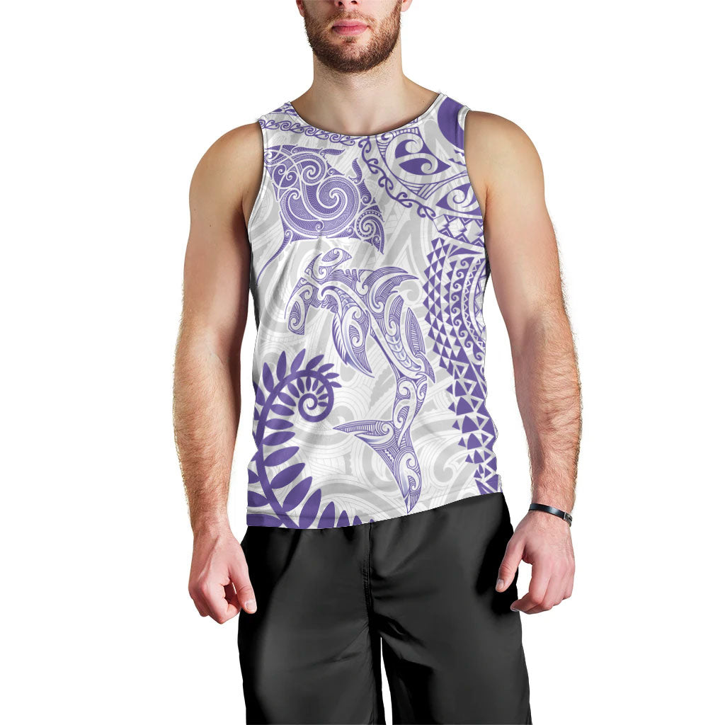 Aotearoa Maori Sea Animals Tribal Men Tank Top Manta Ray and Shark Moko Pattern Purple Color