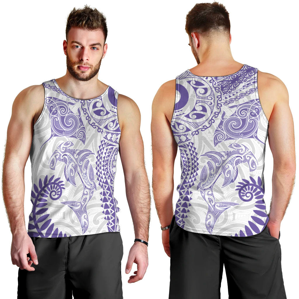 Aotearoa Maori Sea Animals Tribal Men Tank Top Manta Ray and Shark Moko Pattern Purple Color
