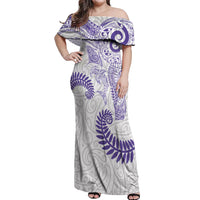 Aotearoa Maori Sea Animals Tribal Off Shoulder Maxi Dress Manta Ray and Shark Moko Pattern Purple Color