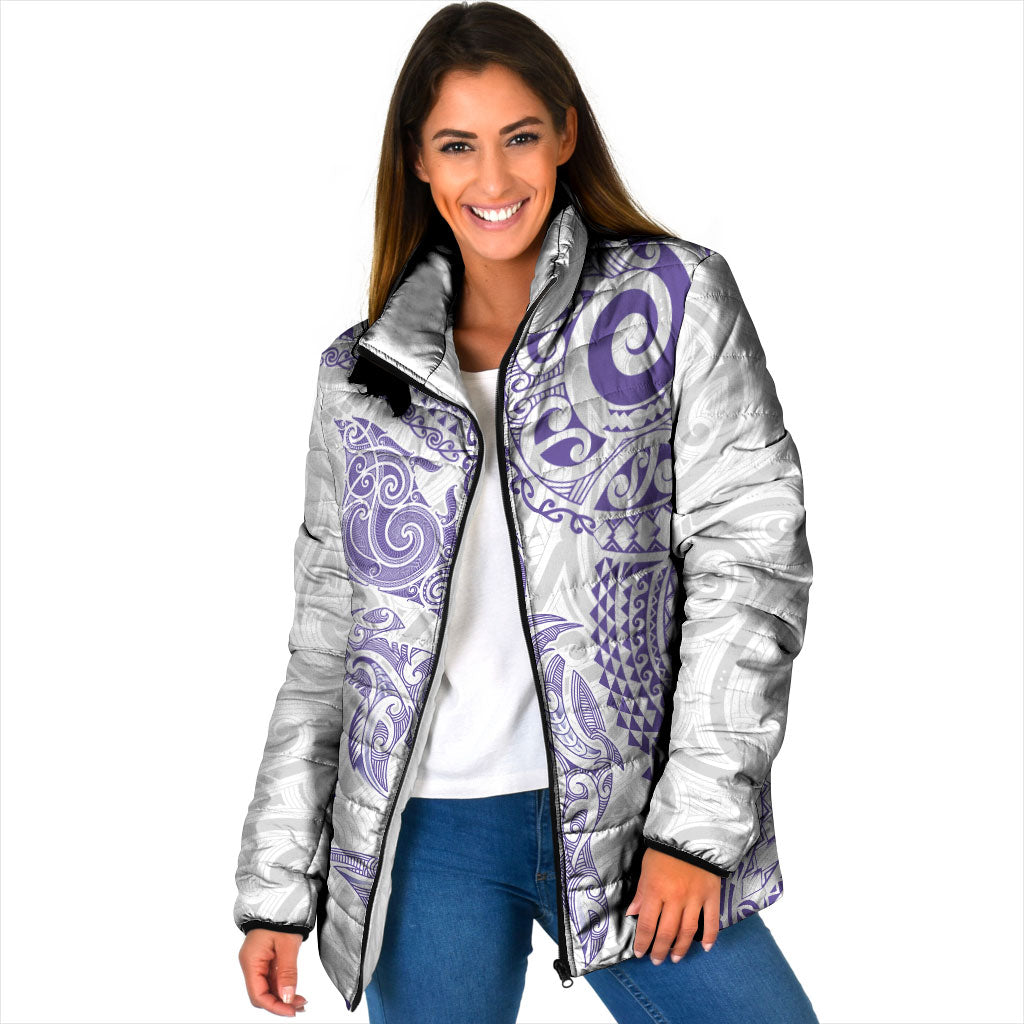 Aotearoa Maori Sea Animals Tribal Padded Jacket Manta Ray and Shark Moko Pattern Purple Color