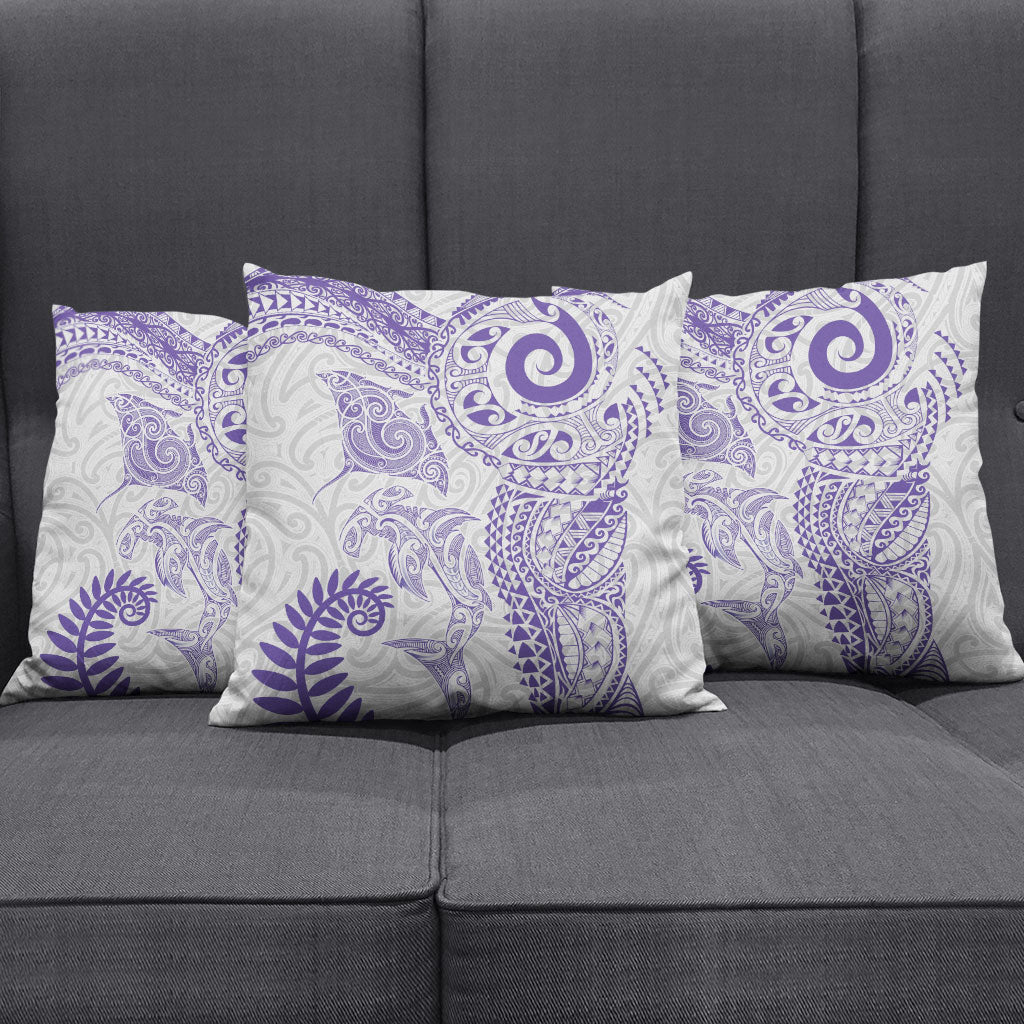 Aotearoa Maori Sea Animals Tribal Pillow Cover Manta Ray and Shark Moko Pattern Purple Color