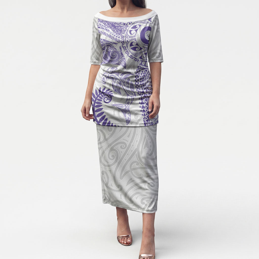 Aotearoa Maori Sea Animals Tribal Puletasi Manta Ray and Shark Moko Pattern Purple Color LT03 Long Dress Purple - Polynesian Pride