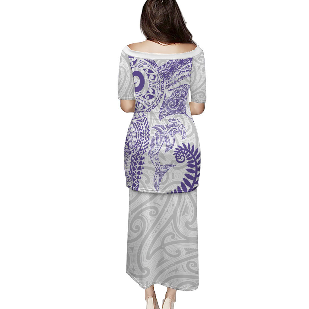 Aotearoa Maori Sea Animals Tribal Puletasi Manta Ray and Shark Moko Pattern Purple Color