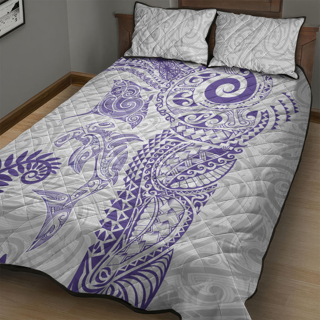 Aotearoa Maori Sea Animals Tribal Quilt Bed Set Manta Ray and Shark Moko Pattern Purple Color